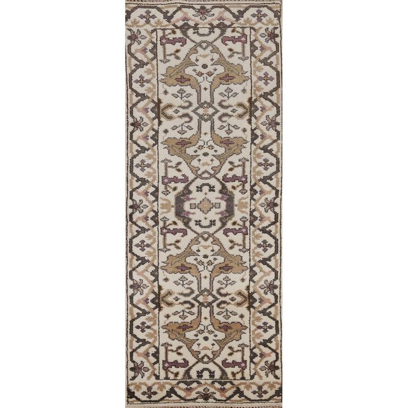 All-Over Ivory Oushak Oriental Runner Rug Handmade Wool Carpet - 2'6" x 7'11"