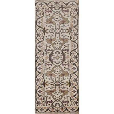All-Over Ivory Oushak Oriental Runner Rug Handmade Wool Carpet - 2'6" x 7'11"