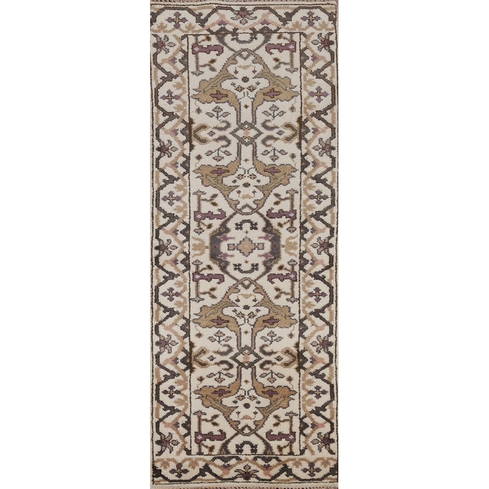 All-Over Ivory Oushak Oriental Runner Rug Handmade Wool Carpet - 2'6" x 7'11"