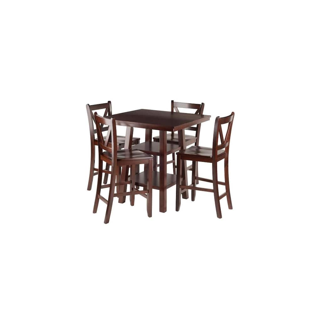 Coastal High Table Set with 4 Bar Stools - Craftsman Style Dining Set, Walnut Finish