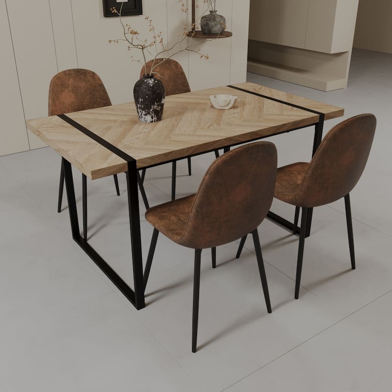 5-Piece Modern Dining Table Set, 59 Inch Light Wood MDF Table & 4 Suede Chairs, Medieval Style Design