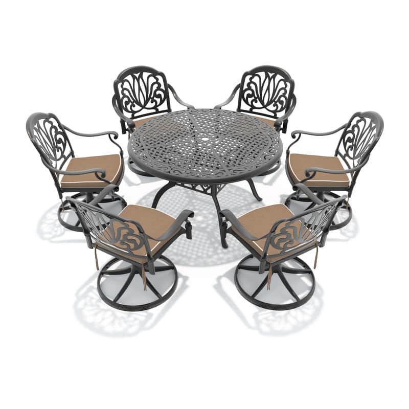 7-Piece Aluminum Round Outdoor Patio Dining Set, 6 Cushioned Swivel Chairs, Table, All-Weather Frames