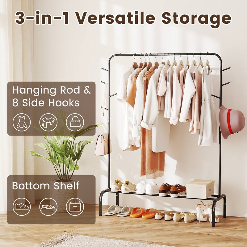Gymax 50-Inch Wide Metal Garment Wardrobe Rack w/8 Hooks & Storage