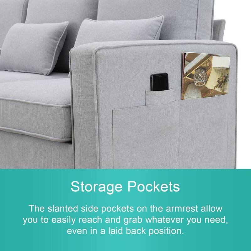 104" 4-Seater Modern Linen Fabric Sofa with Armrest Pockets and 4 Pillows
