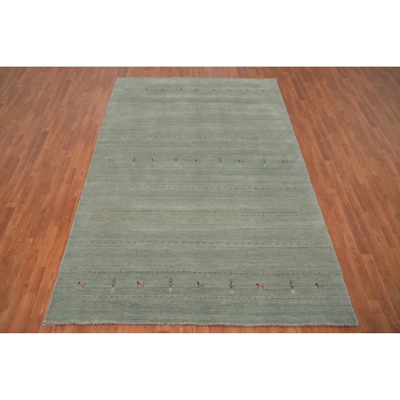 Hand Knotted Oriental 100% Wool Carpet Tribal Animal Pictorial Green Gabbeh Area Rug - 9' 9'' X 6' 7''