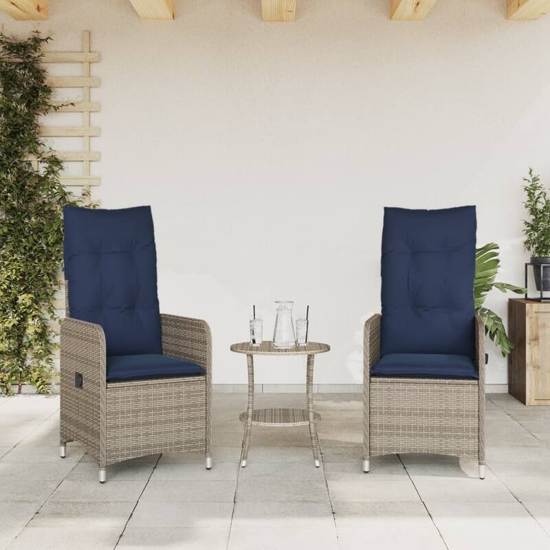 vidaXL Reclining Patio Chair with Cushions Outdoor Furniture Gray Poly Rattan - 21.5" x 23" x 36.2"