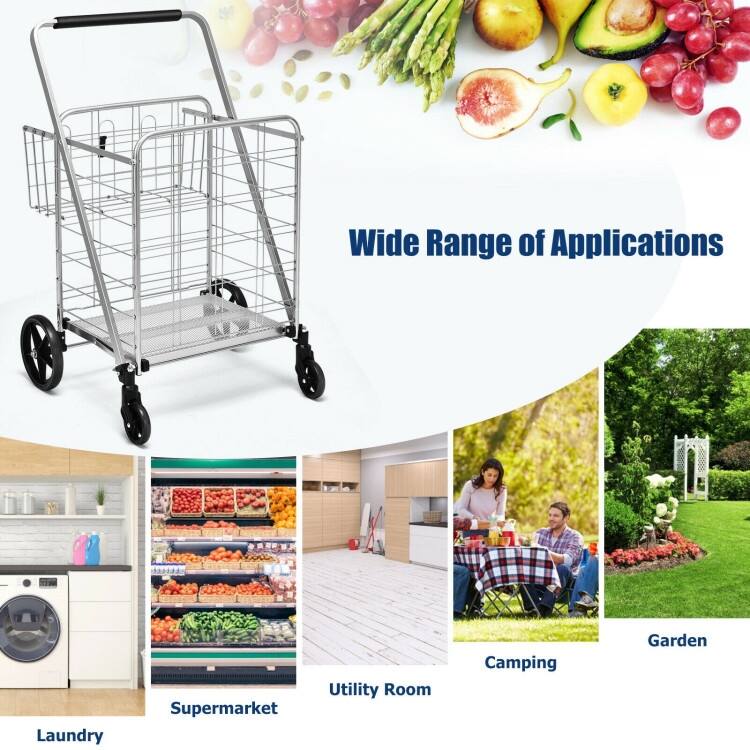 Multi-Purpose Foldable Grocery Cart with 360 Degree Front Wheels and Large Basket and Back Storage - 25" x 25" x 40"(L x W x H)