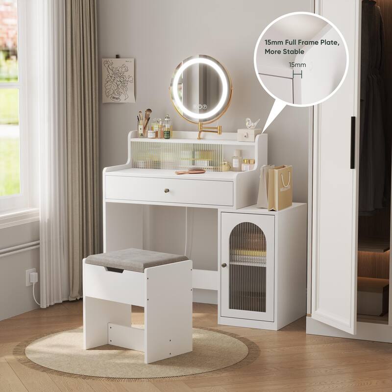 Makeup Vanity with 360° Rotated Mirror & Lights, Vanity Desk with Side Cabinet, Dressing Table Set with Stool - Antique White