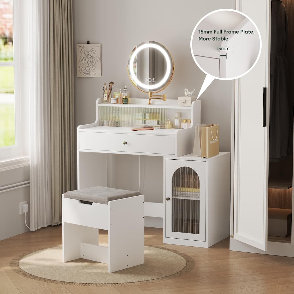 Makeup Vanity with 360° Rotated Mirror & Lights, Vanity Desk with Side Cabinet, Dressing Table Set with Stool