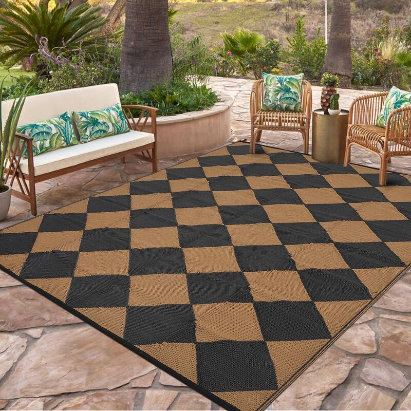 Outdoor Rug Waterproof Reversible Rug Plastic Straw Rug Checkered Floor Mat Outside Carpet for Camping RV Backyard Patio