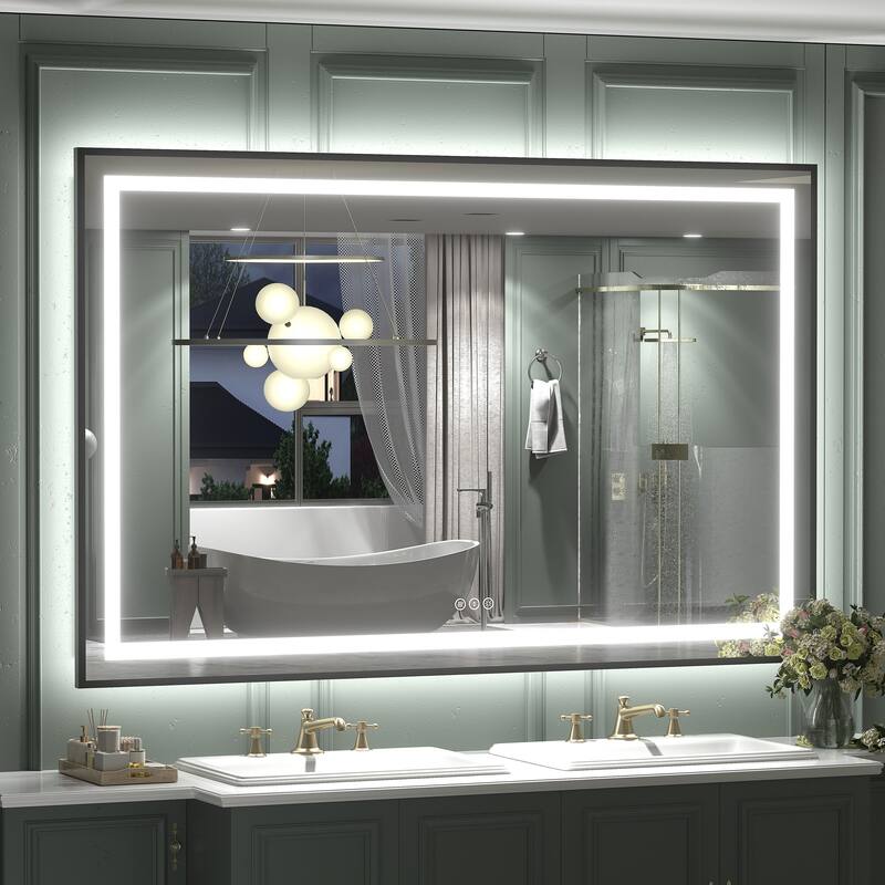 Black Metal Framed LED Front Light and Backlit Anti-Fog Wall Bathroom/ Vanity Mirror - 57" x 36"-Square Corner - Black