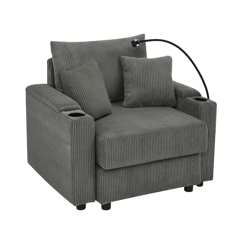 Armchairs Set of 2, Corduroy Upholstered Sofa Accent Chairs with Storage Armrest, Cup Holders and Phone Stand for Living Room