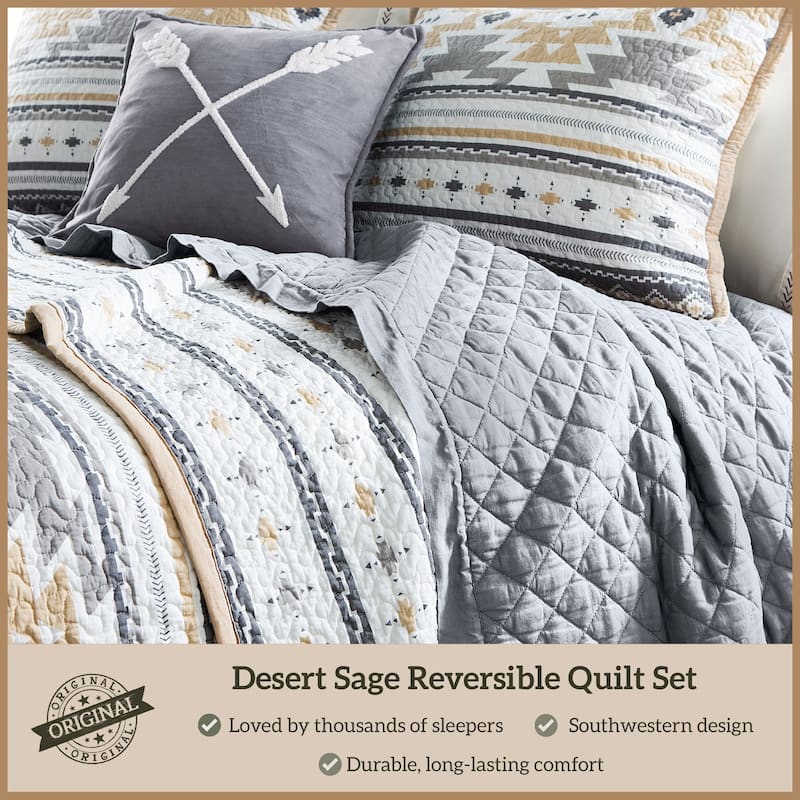 Paseo Road Desert Sage Aztec Western Bedding 3 Piece Reversible Quilt Set with Pillow Shams