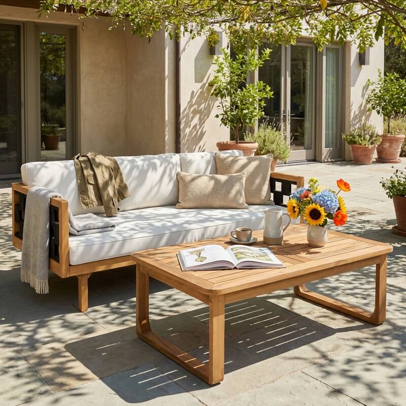 Christopher Knight Home Solenne Acacia Wood 3 Seater Daybed and Coffee Table with Cushion - Black Rope - Light Teak Finish+Light Gray Cushion