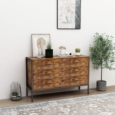 6 Drawer Double Dresser,Wood Storage Dresser Clothes Organizer with Sturdy Steel Frame, Chest with 6 Drawer