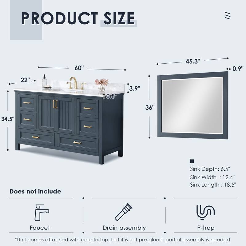 Altair Isla 60" Bathroom Vanity in Classic Blue with Countertop,with Mirror - 60 in.