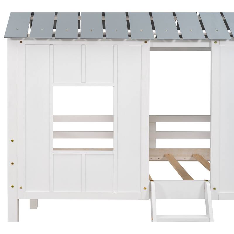 Roomfitters Twin Size Low Loft House Bed with Roof and Two Front Windows, White