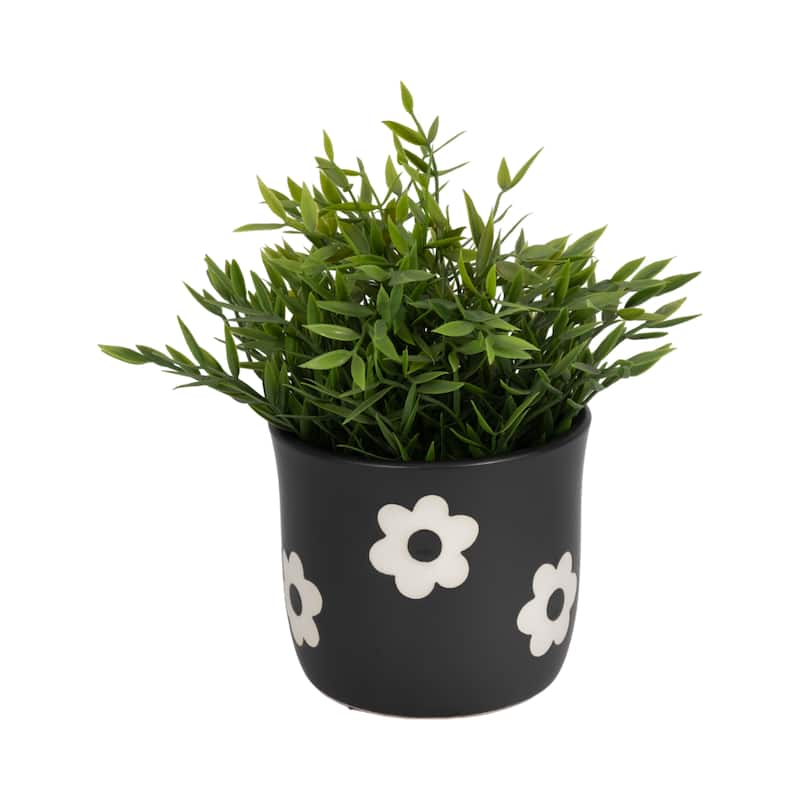 Stoneware Ceramic Planter Raised Floral Design Modern Decorative Pot