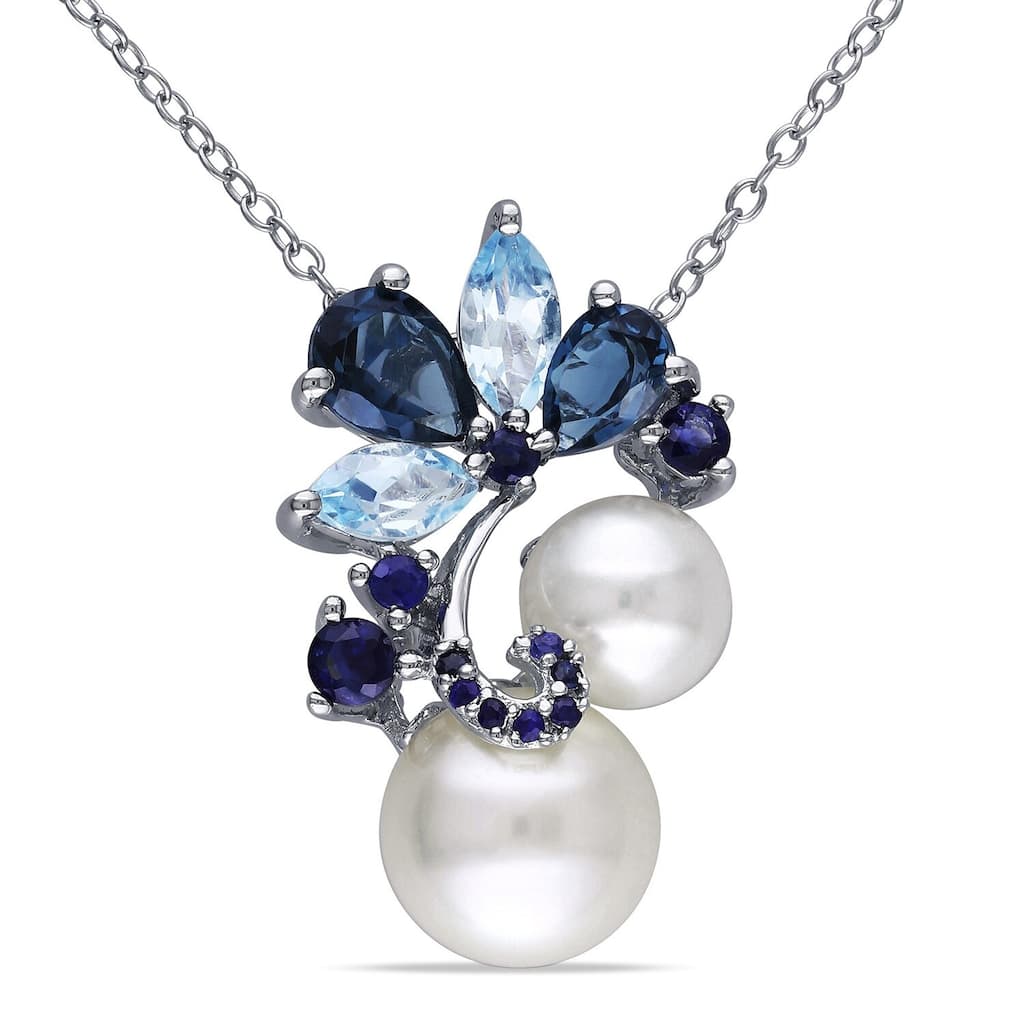 Miadora Sterling Silver Pearl, London Sky Topaz, and Sapphire Drop Pendant Necklace (7 - 9 mm)
