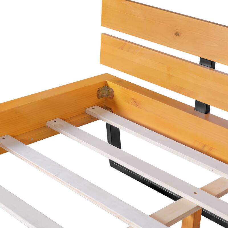 King Size Pine Wood Bed Frame with Black Iron Accents - Natural & Black