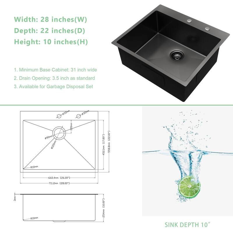 Lordear 28-inch Gunmetal Black Topmount 16 Gauge Stainless Steel Kitchen Sink.