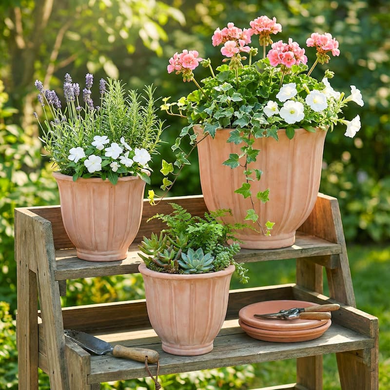 Fluted Ceramic Flower Pots and Planters - Set of 3, 15", 12", 9" - 15.0"