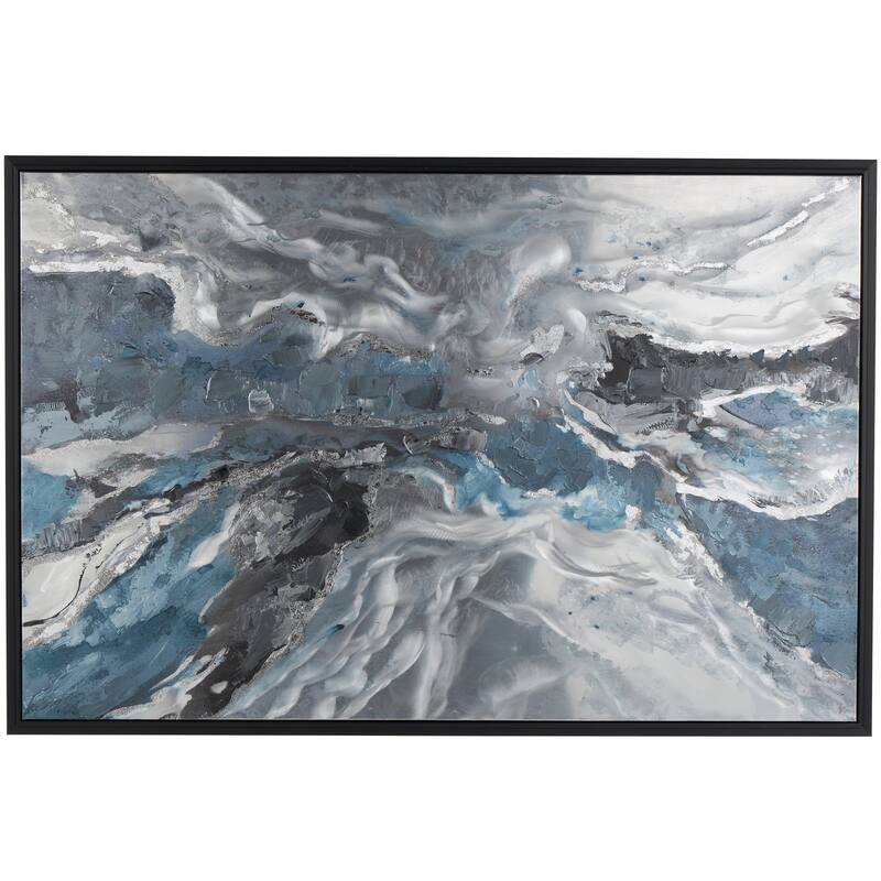 Canvas Abstract Living Room Framed Wall Art with Silver Foil Accents and Black Frame - Blue - Roche River Decor - Black