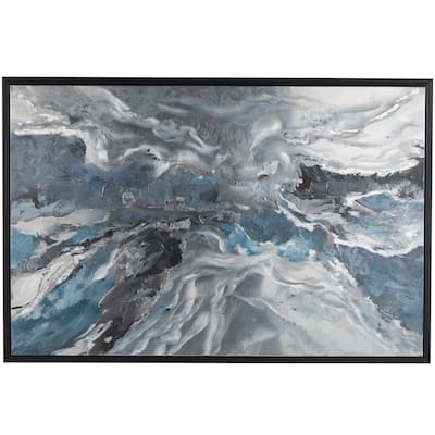 Canvas Abstract Living Room Framed Wall Art with Silver Foil Accents and Black Frame - Blue - Roche River Decor