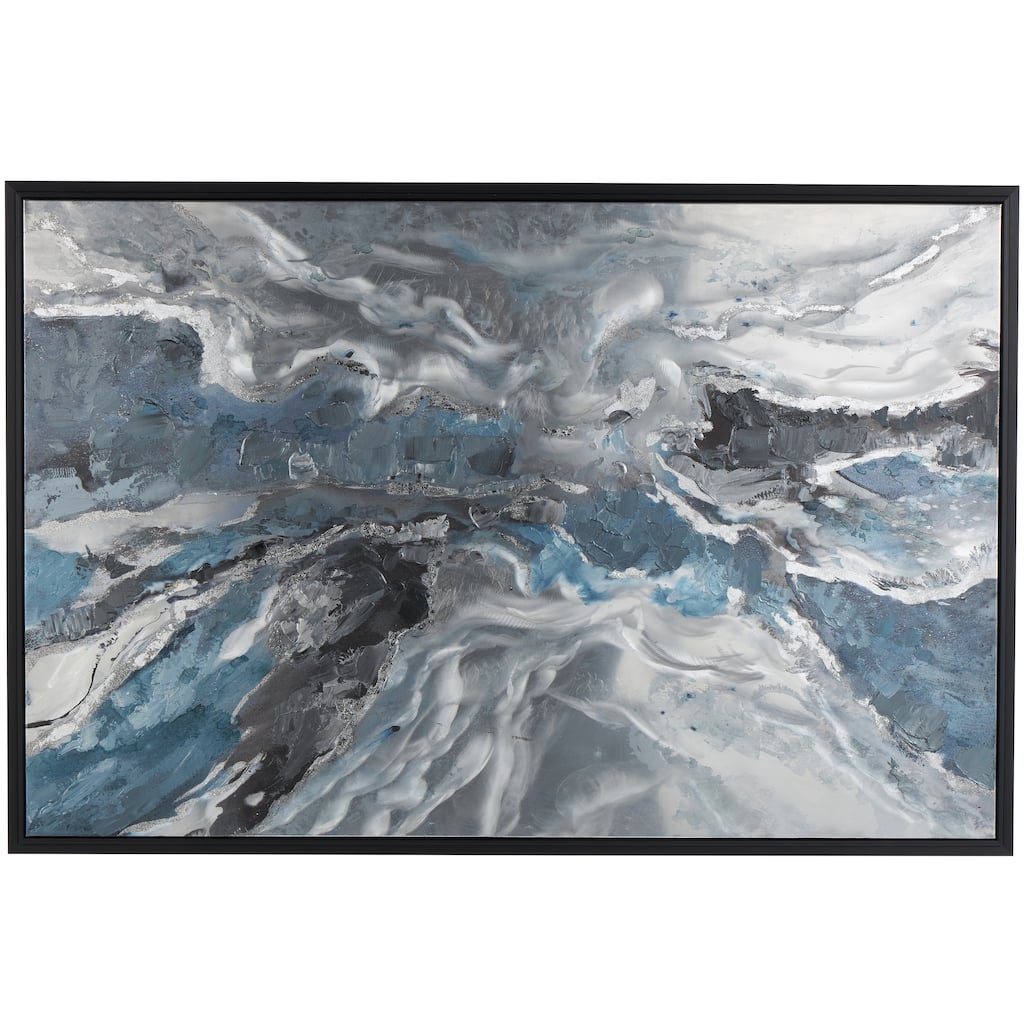 Canvas Abstract Living Room Framed Wall Art with Silver Foil Accents and Black Frame - Blue - Roche River Decor