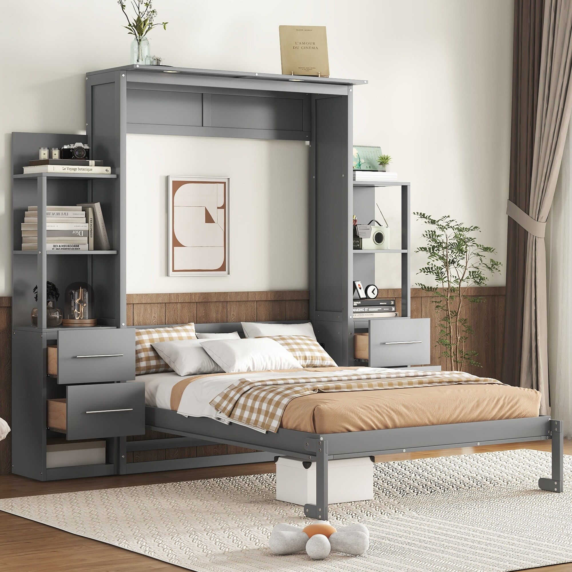 Full Size Murphy Bed Wall Bed with Shelves, Drawers and LED Lights