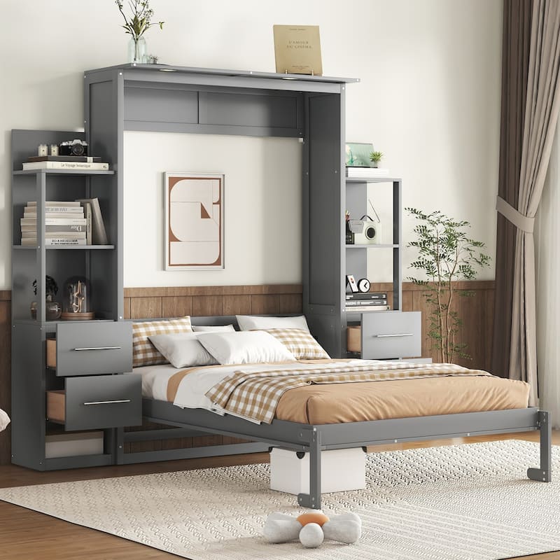 Space-Saving Full Size Wall Bed with Shelves, Drawers, and LED Lights