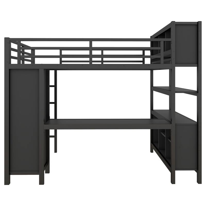 Full Size Metal Loft Bed with Wardrobe and L-shaped Desk, Storage Cubes and Shelves