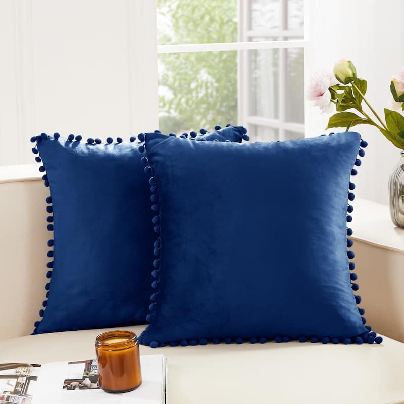 Deconovo Set of 4 Velvet Pom-Pom Pillow Covers Multiple Sizes - 22x22 Inch - Navy