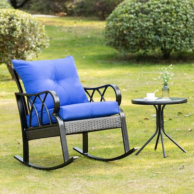 Outdoor Wicker Rocking Chair with Padded Cushions, Aluminum Porch Rocker Chair with Armrest