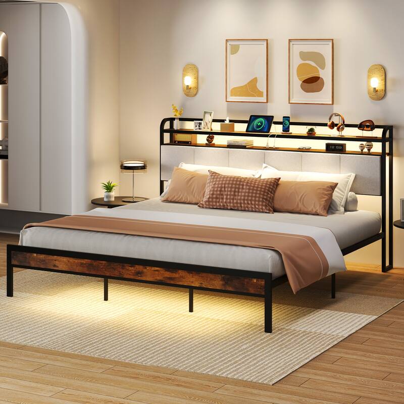 Bed Frame with LED Lights Charging Ports and Storage Headboard
