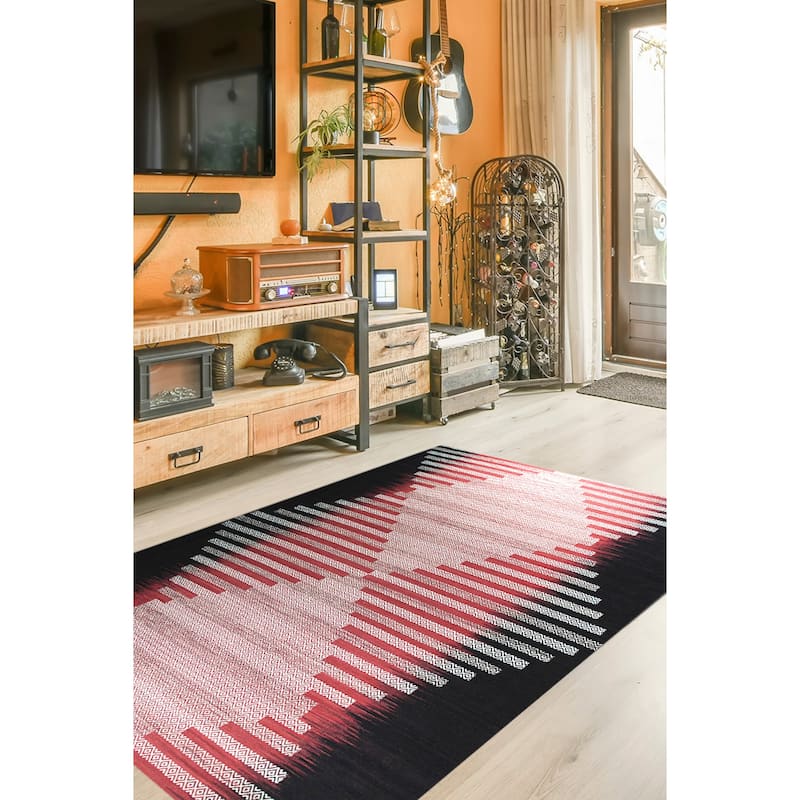 Hand-Knotted Wool Red/Black Modern Transitional Modern Flat Weave Rug - 6' x 9'