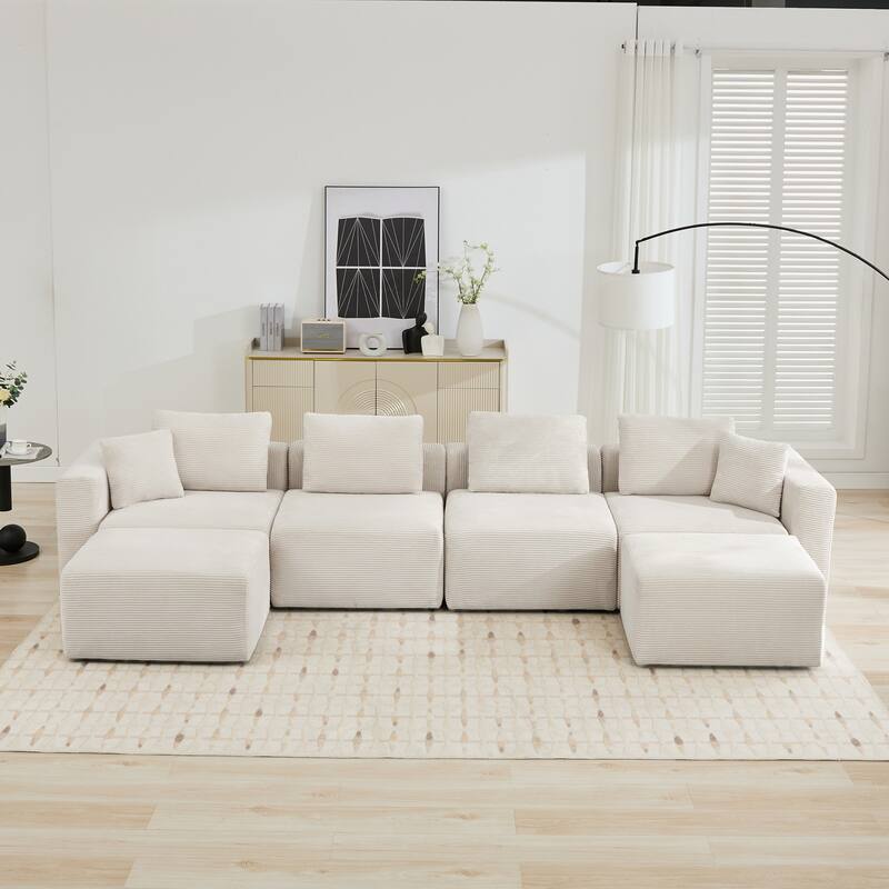 Corduroy Sectional Modular Sofa with Square Arms & Ottoman Extension for Flexible Arrangements
