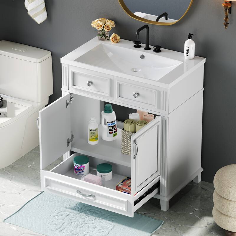 30'' Bathroom Vanity with Resin Sink,Solid Wood Frame Bathroom Storage Cabinet with 2 Soft Closing Doors and 1 Storage Drawer