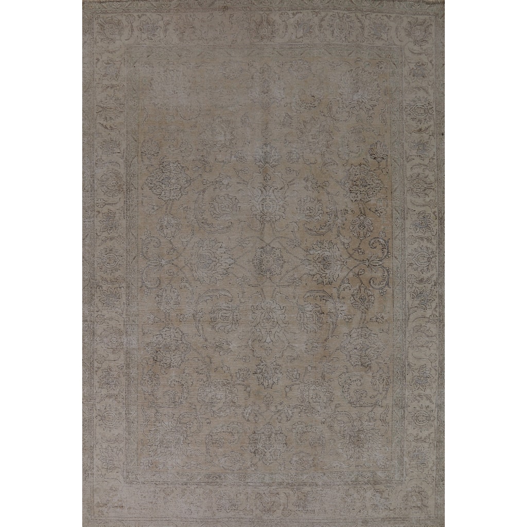 Floral Distressed Tabriz Persian Vintage Rug Hand-Knotted Wool Carpet - 7'10"x 11'0"