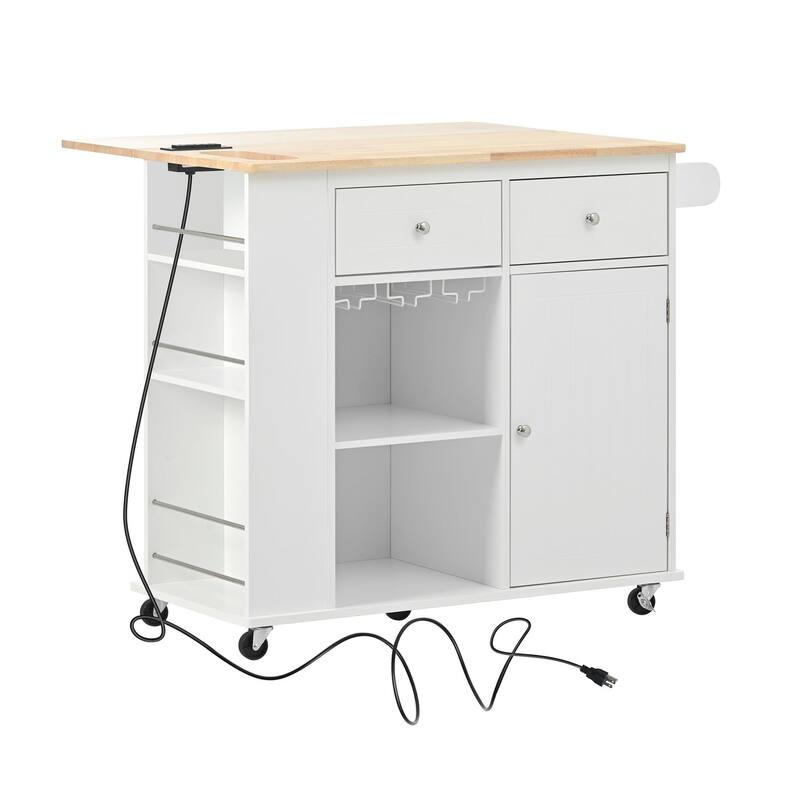 Multifunctional Kitchen Cart with Power Outlet, Open Storage and Wine Rack - 40" x 30"