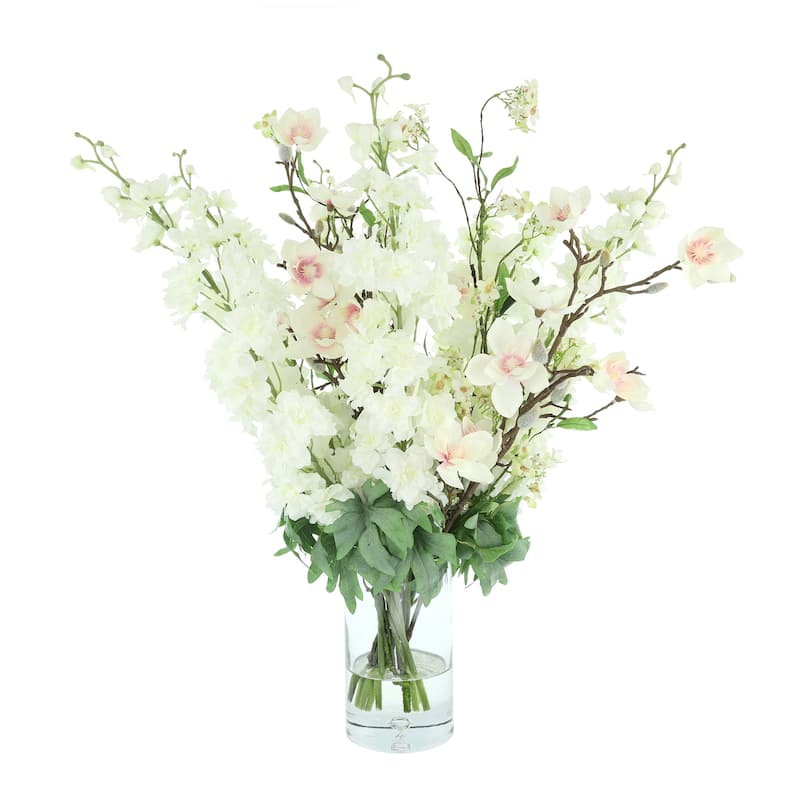 Delphinium and Cherry Blossom Arranged in Glass Vase - White