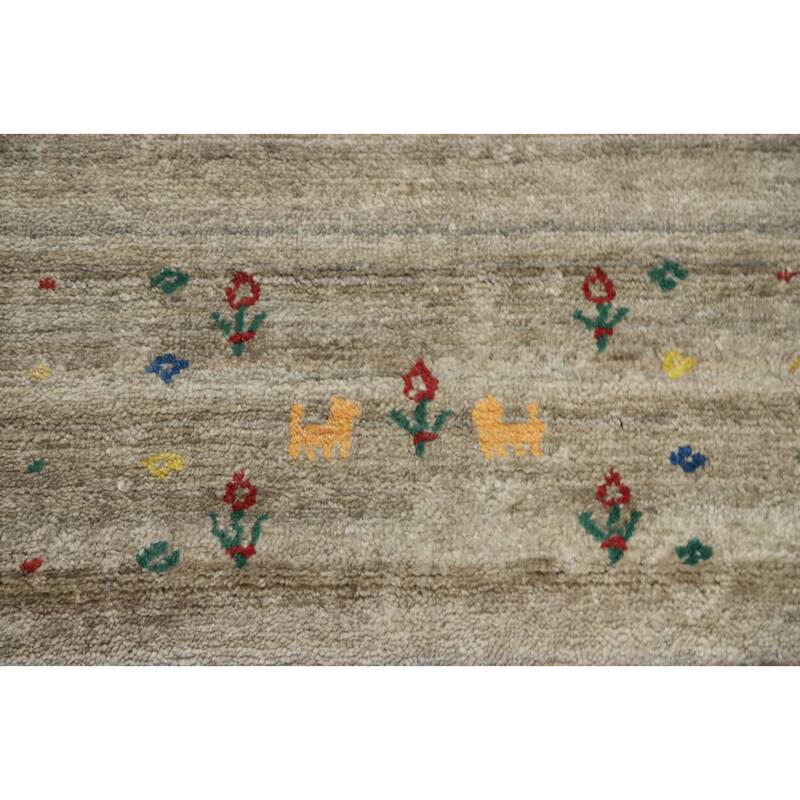 Hand Knotted Oriental Viscose Silk Carpet Tribal Animal Pictorial Beige & Ivories Gabbeh Area Rug - 11' 10'' X 11' 9''