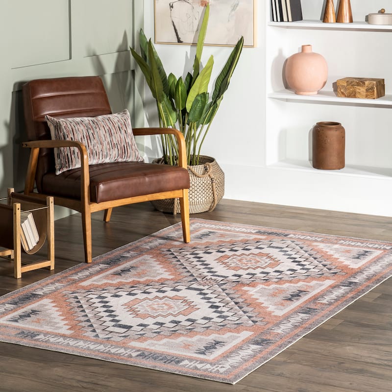 Nuloom Leighton SpinClean Machine Washable Southwestern Medallion Area Rug - 4' x 6' - Light Orange - Rectangle