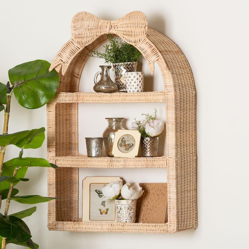 Creusa Natural Rattan Wall Shelf - 3-Tier Decorative Storage Rack with Arched Frame and Woven Bow Accent, Coastal Display Shelf