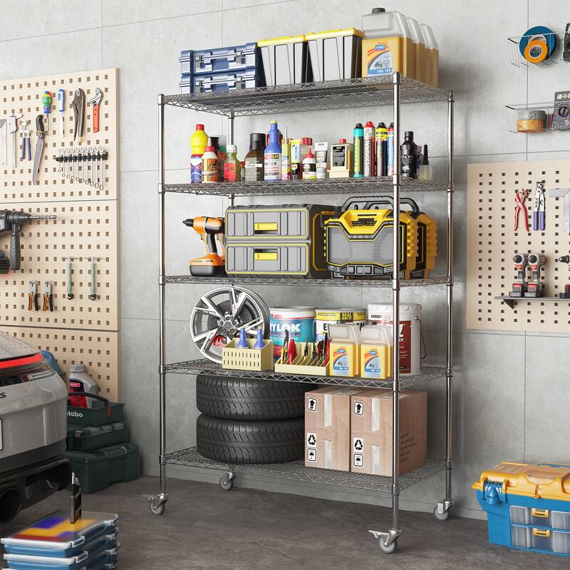 47''W x 24''D x 72''H 5 Tier Heavy Duty Adjustable Kitchen Shelving Unit, Wire Storage Shelves with Wheels