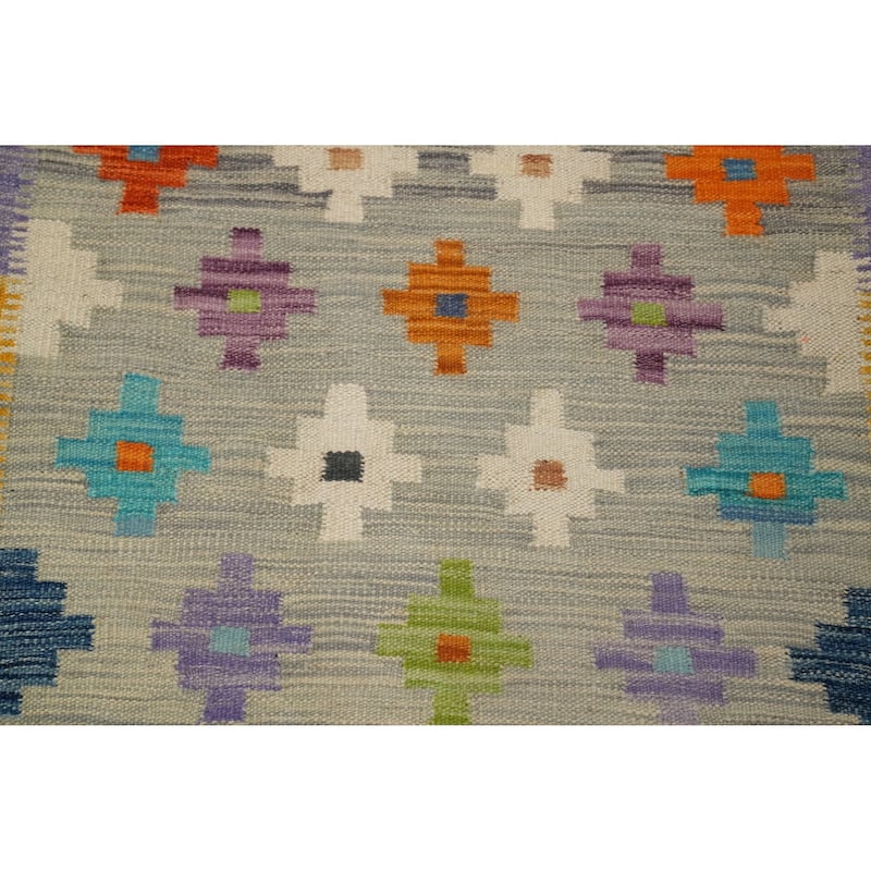 Hand Woven Oriental 100% Wool Carpet Southwestern Tribal Greys & Charcoal Kilim Area Rug - 6' 4'' X 2' 7''