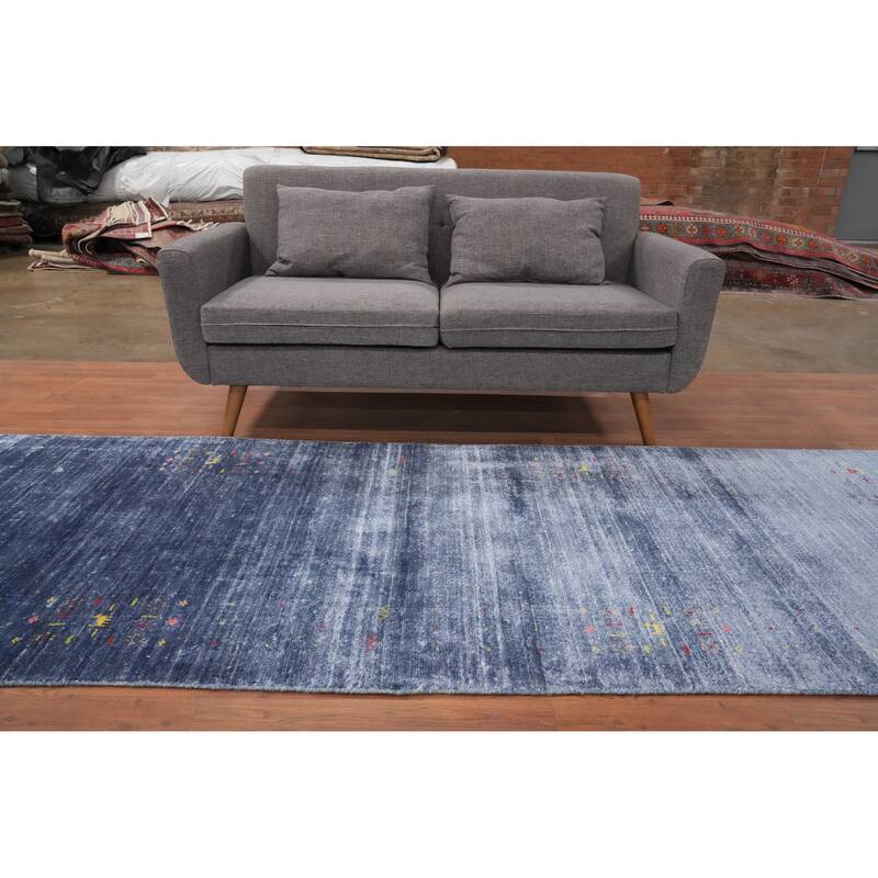 Hand Knotted Oriental Viscose Silk Carpet Tribal Animal Pictorial Navy Blue & Blues Gabbeh Runner Rug - 10' 4'' X 3' 9''