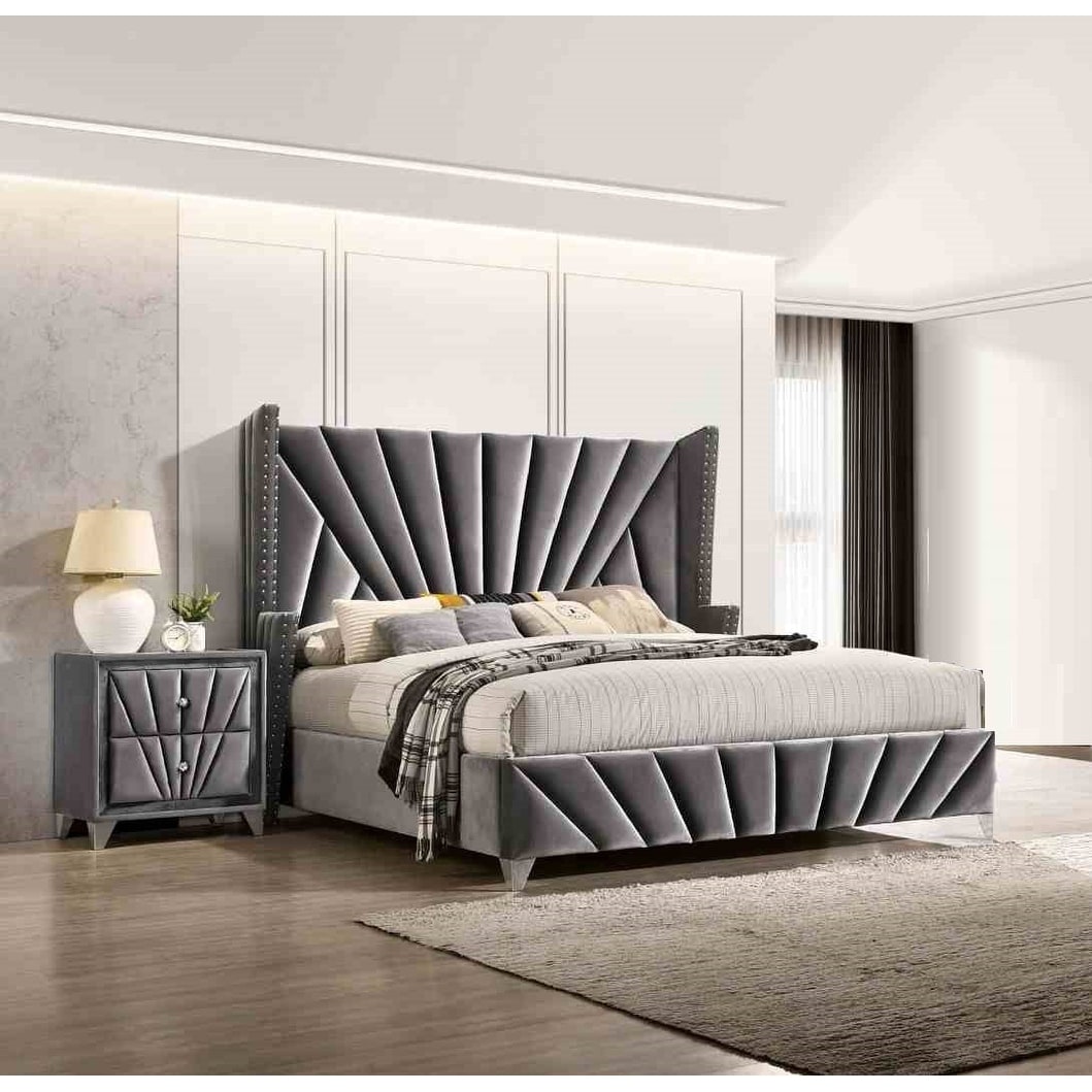 3pc Gray Transitional Wingback Designer Bed 2 Nightstands Bedroom Set