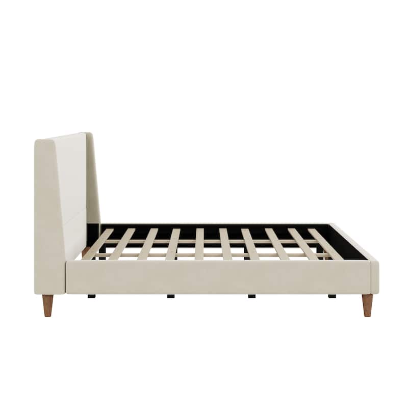 Upholstered Platform Bed with Wingback Headboard and Round Wooden Legs, Skin-friendly Upholstered Low-Profile Bed Frame