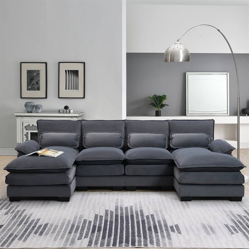 Modern U-Shaped Upholstered Sectional Sofa, Sleeper Couch with Waist Pillows